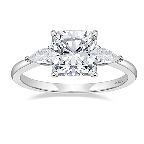 Trumium 3CT 925 Sterling Silver Engagement Rings 3-Stone Cubic Zirconia CZ Wedding Promise Rings Wedding Bands for Women CN Silver-cushion