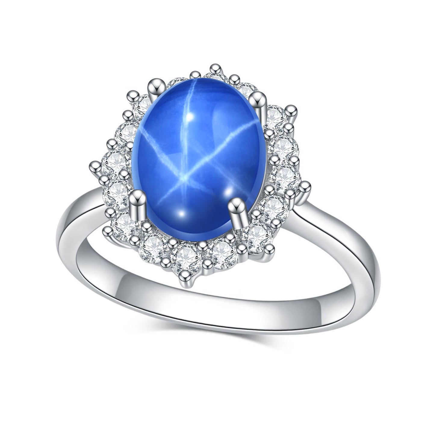 GEM&#39;S BALLET Gemstone Cocktail Ring Lab Blue Lindy Star Sapphire Halo Engagement Rings in 925 Sterling Silver Gift For Her Lab Star Sapphire|925 Sterling Silver