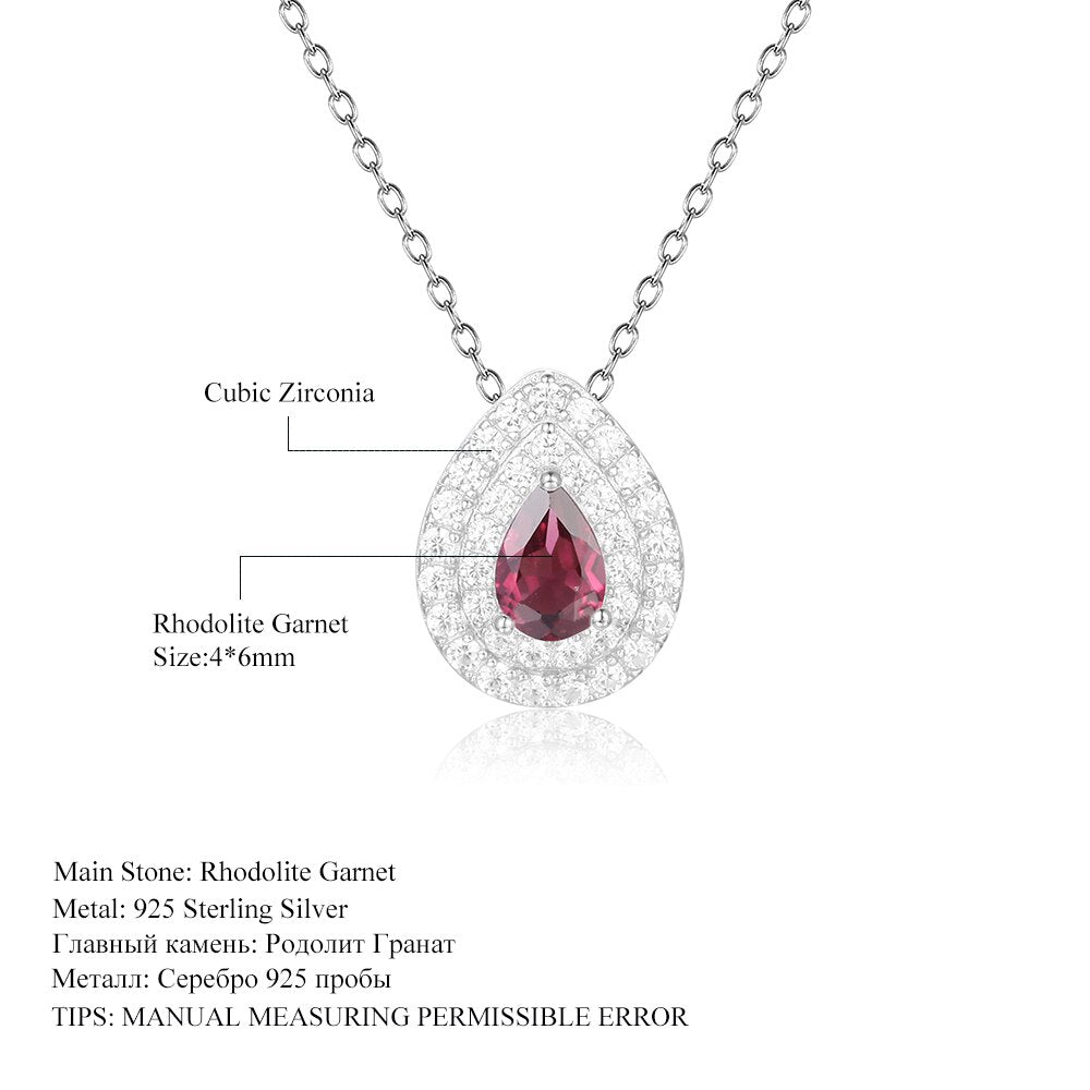 GEM&#39;S BALLET Dainty Gemstone Necklace 4x6mm Pear Shape Rhodolite Garnet Halo Solitarie Pendant Necklace in 925 Sterling Silver