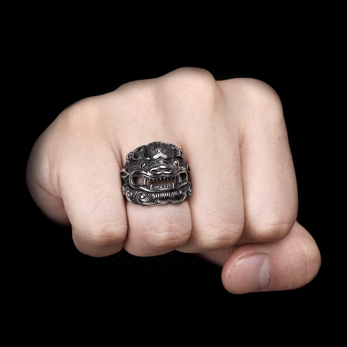 Stainless Steel Men Rings Chinese Style God Beast Kirin Amulet Punk Rock for Male Boyfriend Jewelry Creativity Gift
