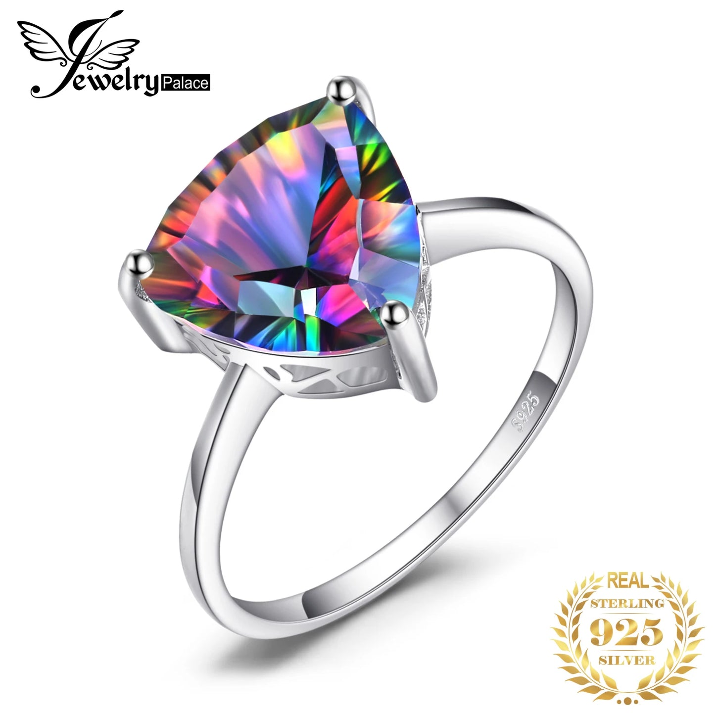 JewelryPalace 4.3ct Natural Rainbow Mystic Quartz 925 Sterling Silver Wedding Engagement Solitaire Ring for Women New Arrival