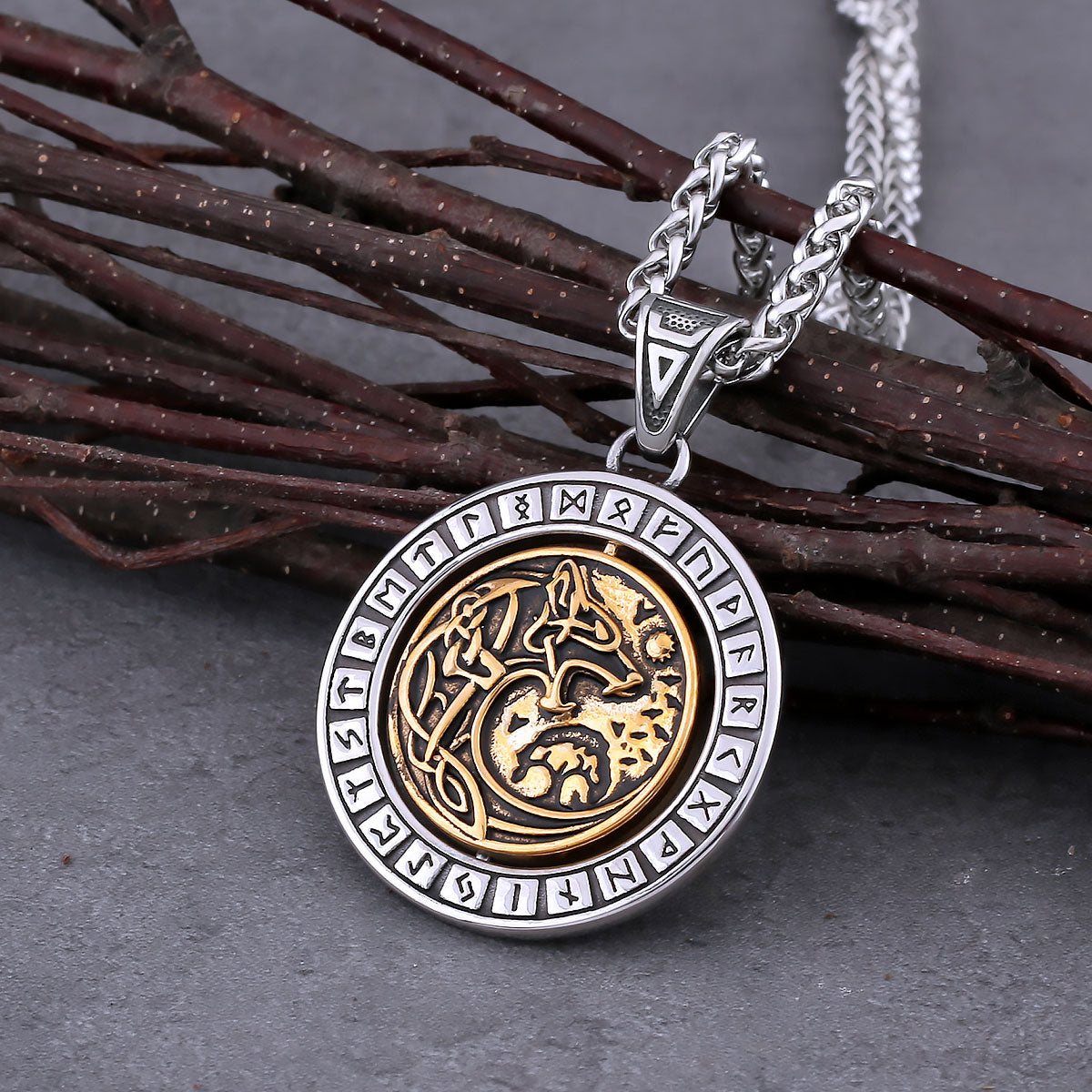 Rotate Vikings Wolf Necklace Stainless Steel Men's Tree of Life Odin Rune Amulet Pendant Necklace Vintage Charm Jewelry As Gift 60cm chain