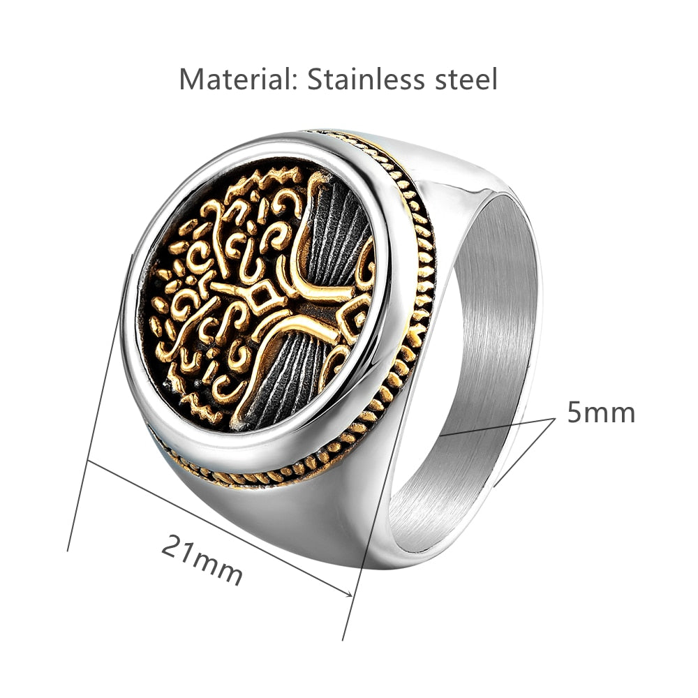Punk Men&#39;s Tree of Life Symbol Rings Mix Gold Stainless Steel Norse Mythology Amulet Signet Ring Retro Jewelry Male Accessories