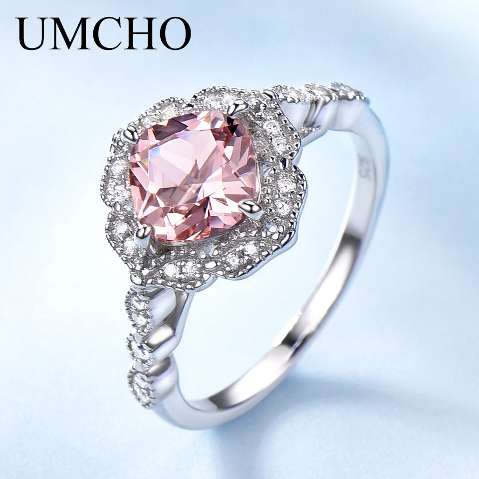UMCHO Rings for Women Solid Sterling Silver Cushion Morganite Engagement Anniversary Band Pink Gemstone Valentine&#39;s Gift