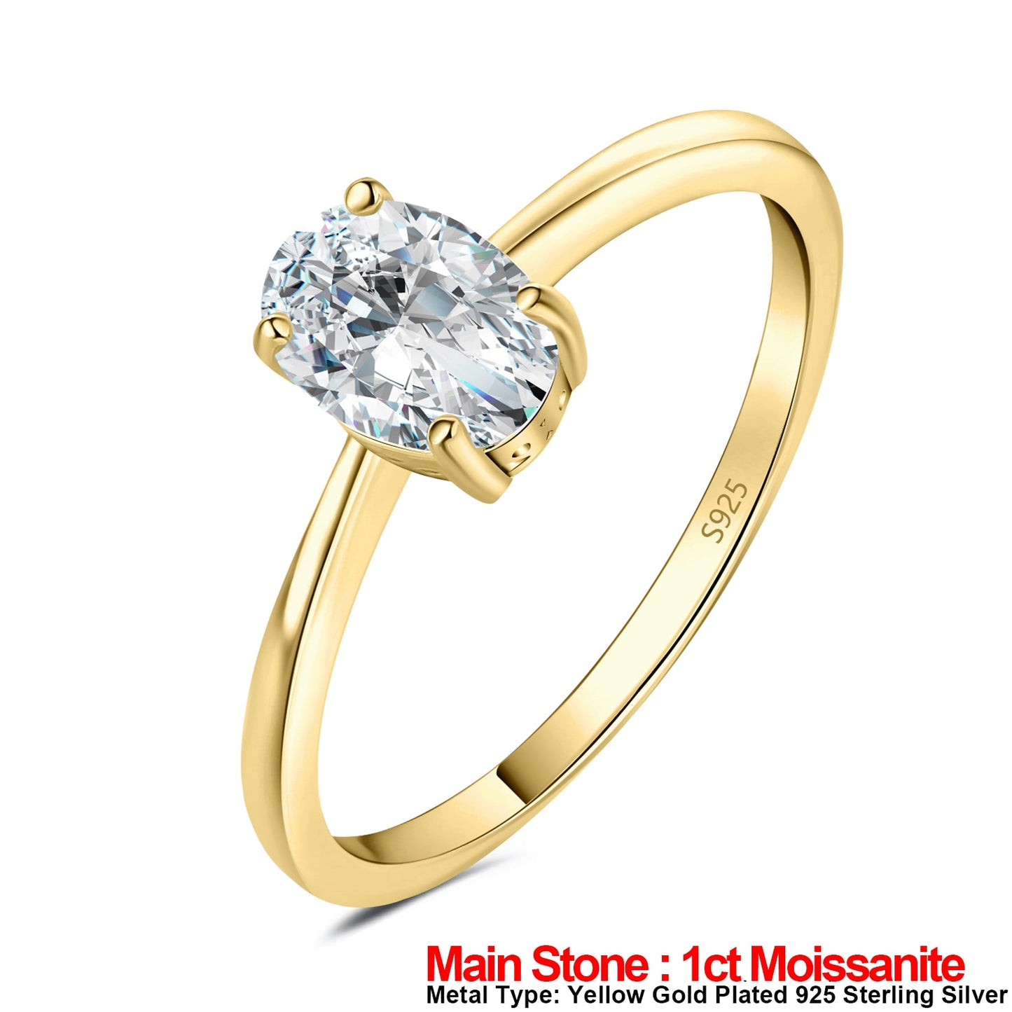 JewelryPalace Moissanite D Color 1ct 2ct Oval S925 Sterling Silver Solitaire Wedding Ring for Woman Yellow Rose Gold Plated Yellow Gold Plated GRA Certificate