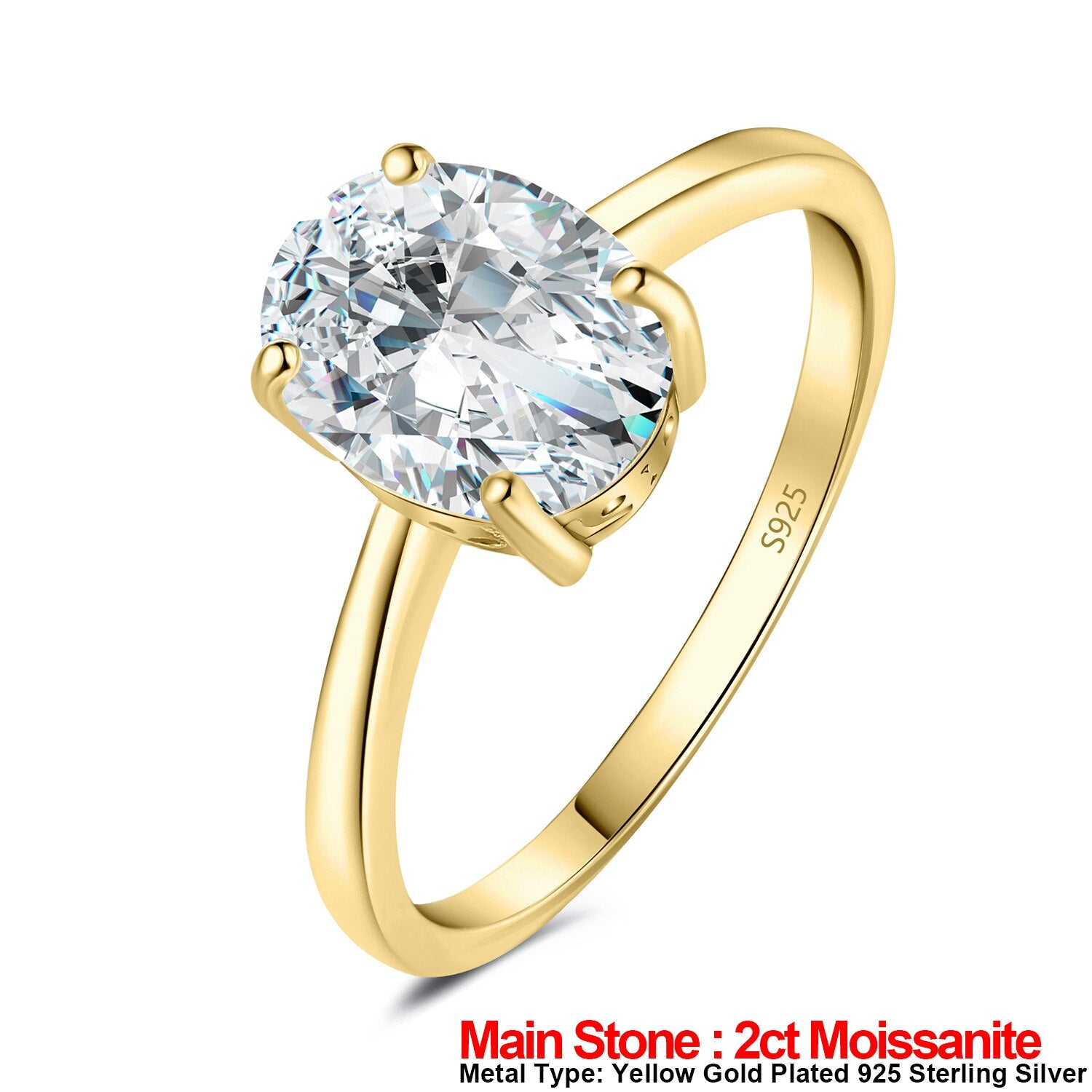JewelryPalace Moissanite D Color 1ct 2ct Oval S925 Sterling Silver Solitaire Wedding Ring for Woman Yellow Rose Gold Plated Yellow Gold Plated 1 GRA Certificate