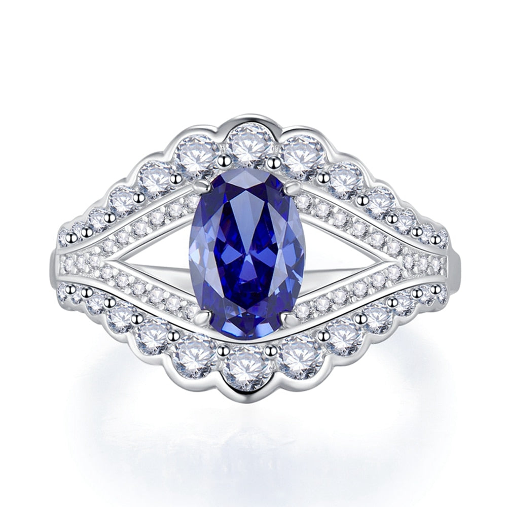 Vinregem White Gold Oval 6*9MM Sapphire Faceted Gemstone Ring For Women Anniversary Gift 925 Sterling Silver