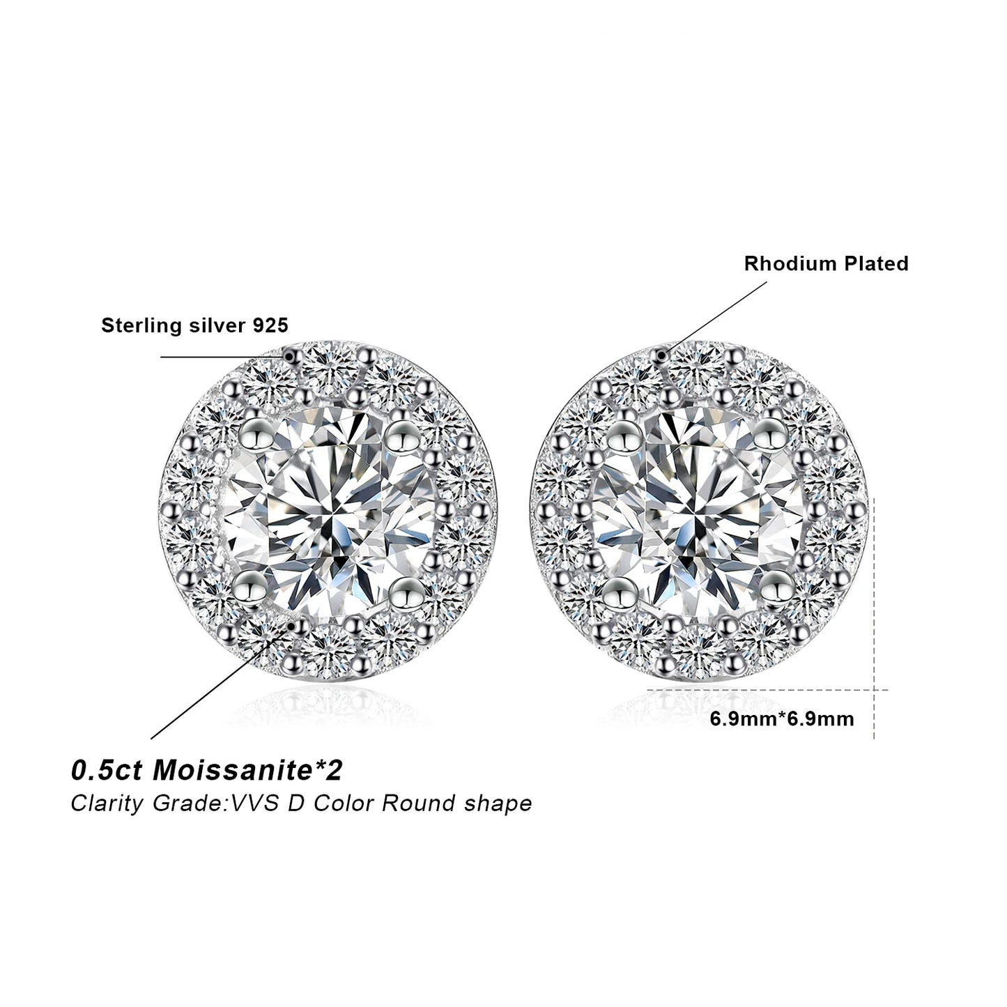 JewelryPalace Moissanite D Color Total 1ct Round 925 Sterling Silver Halo Stud Earrings for Woman Yellow Gold Rose Gold Plated