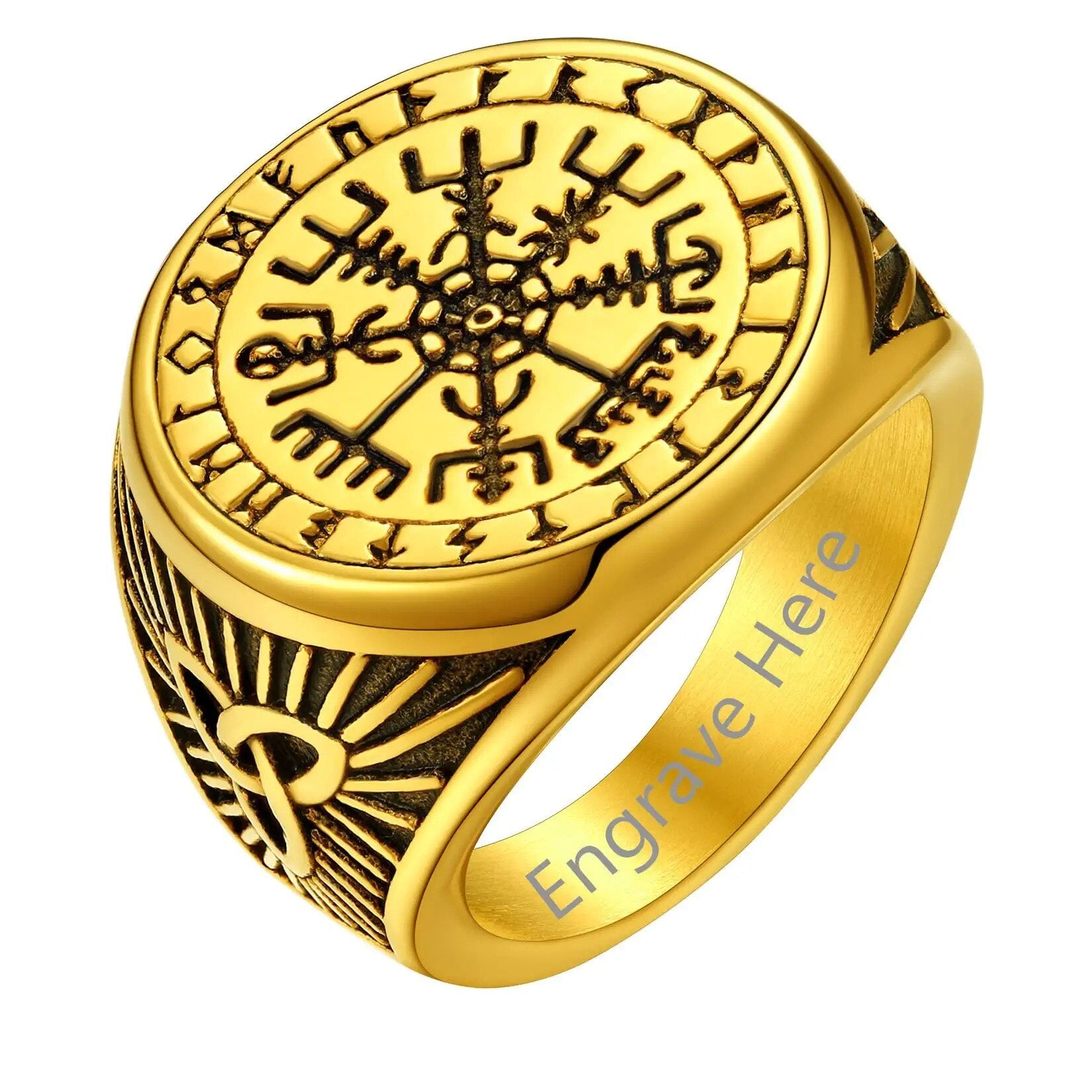 U7 Nautical Viking Compass Ring Size 7-14 Stainless Steel Vintage Thumb Pinky Signet Rings for Women Men Norse Rune Spirit Rings Gold
