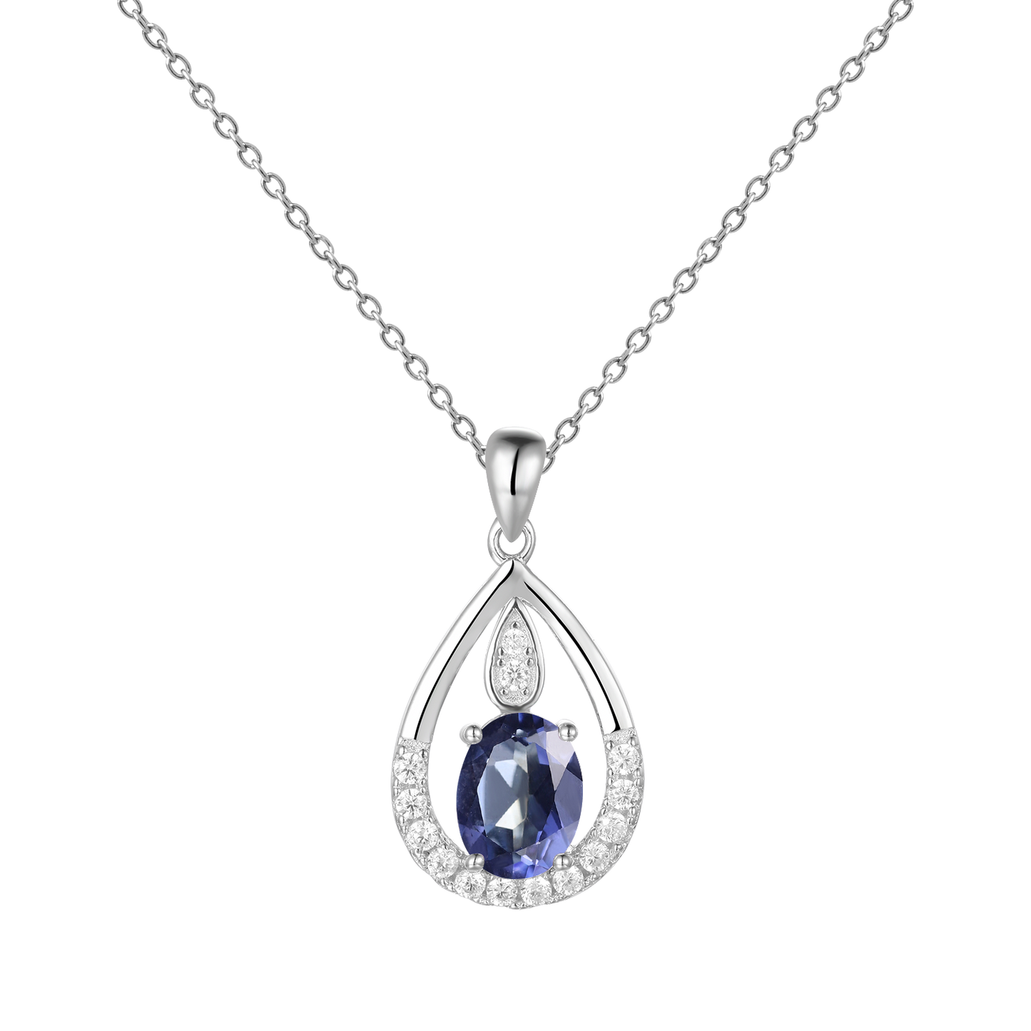 Gem&#39;s Ballet December Birthstone Topaz Necklace 6x8mm Oval Pink Topaz Pendant Necklace in 925 Sterling Silver with 18&quot; Chain Iolite Blue