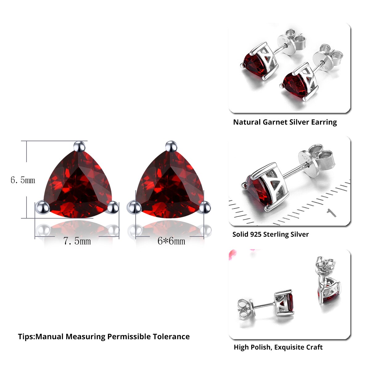 Natural Garnet Solid Sterling Silver Stud Earrings 1.8 Carats Genuine Gemstone Classic Simple Design Top Quality Jewelrys