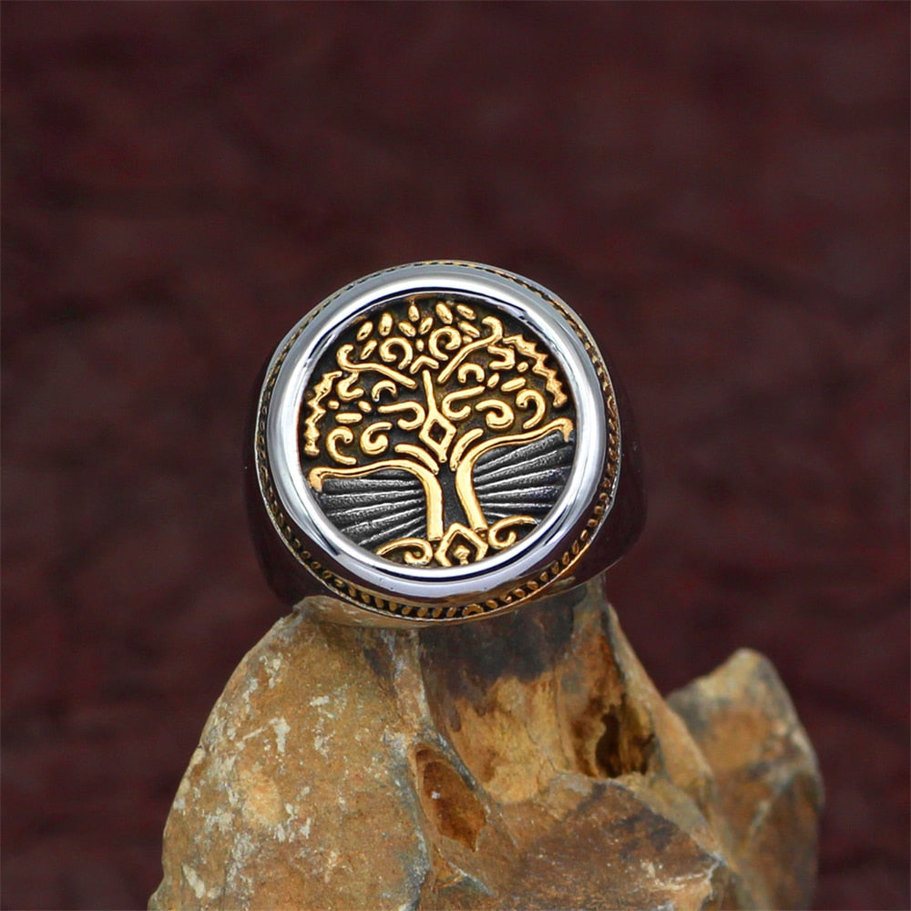Punk Men&#39;s Tree of Life Symbol Rings Mix Gold Stainless Steel Norse Mythology Amulet Signet Ring Retro Jewelry Male Accessories