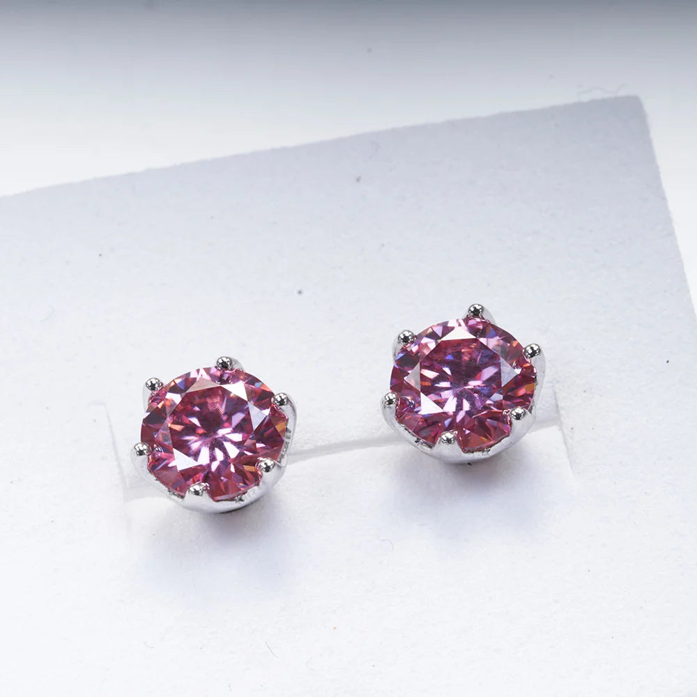 100% 925 Sterling Silver Round Cut 1CT*2 Purple Real Moissanite Wedding Studs Earrings Fine Jewelry With GRA Pink color 0.5CTX2