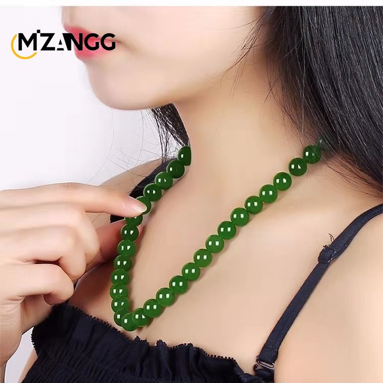 Natural Chinese Green Jade Necklace Hetian Jade Jasper Spinach Green Round Beads Sweater Chain Luxury Charm Jewelry Lady's Gift