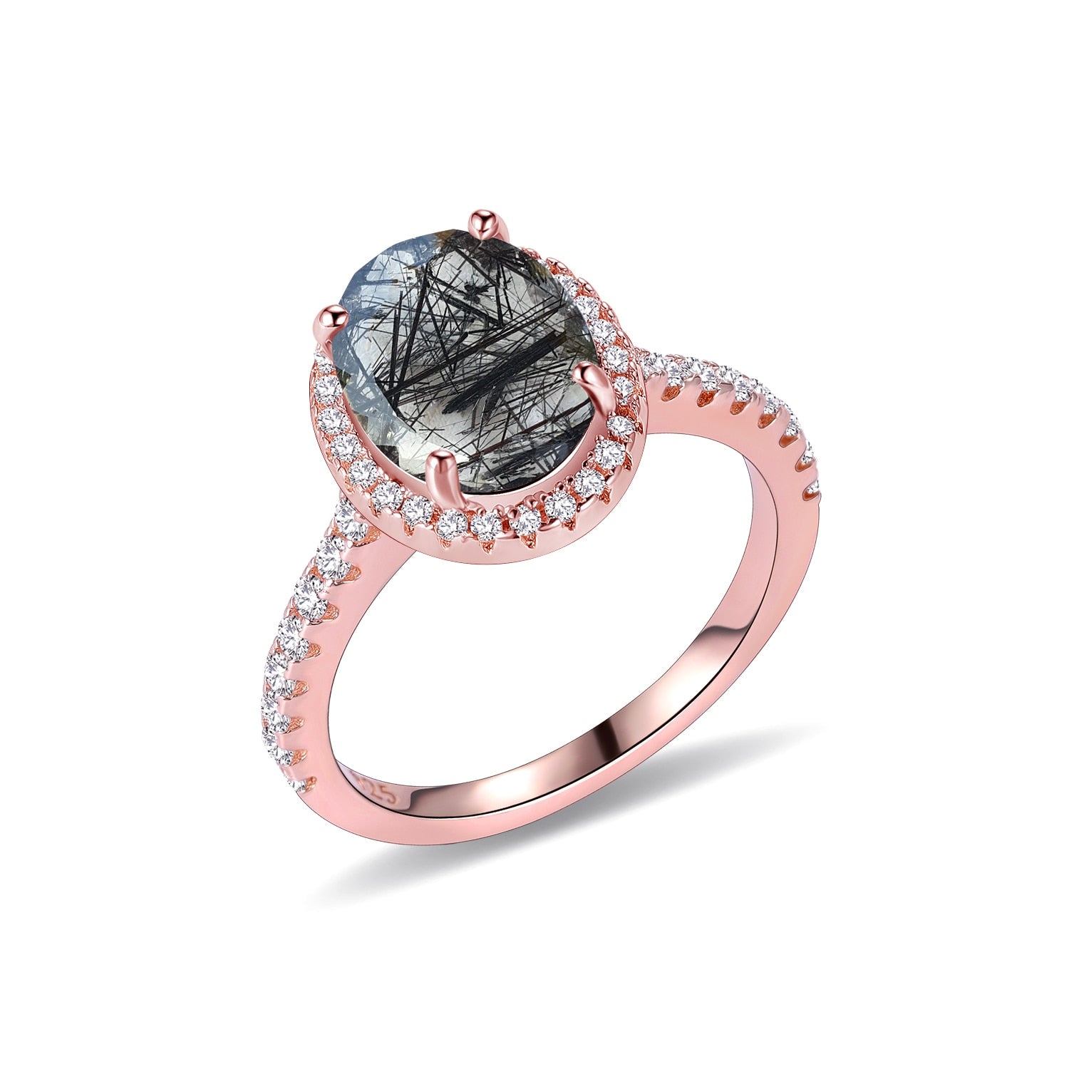 GEM'S BALLET 6X8mm Oval Natural Black Rutilated Quartz Gemstone Wedding Engagement Ring in 925 Sterling Silver Gift For Her Rutilated Quartz - R|6X8mm