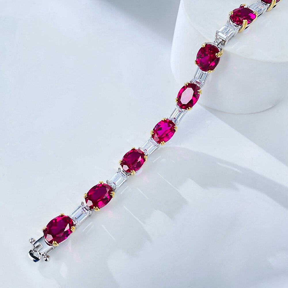 Vinregem Classic Oval Cut 7*9 MM Ruby High Carbon Diamond Gemstone Bracelets for Women 100% 925 Sterling Silver Jewelry Gifts