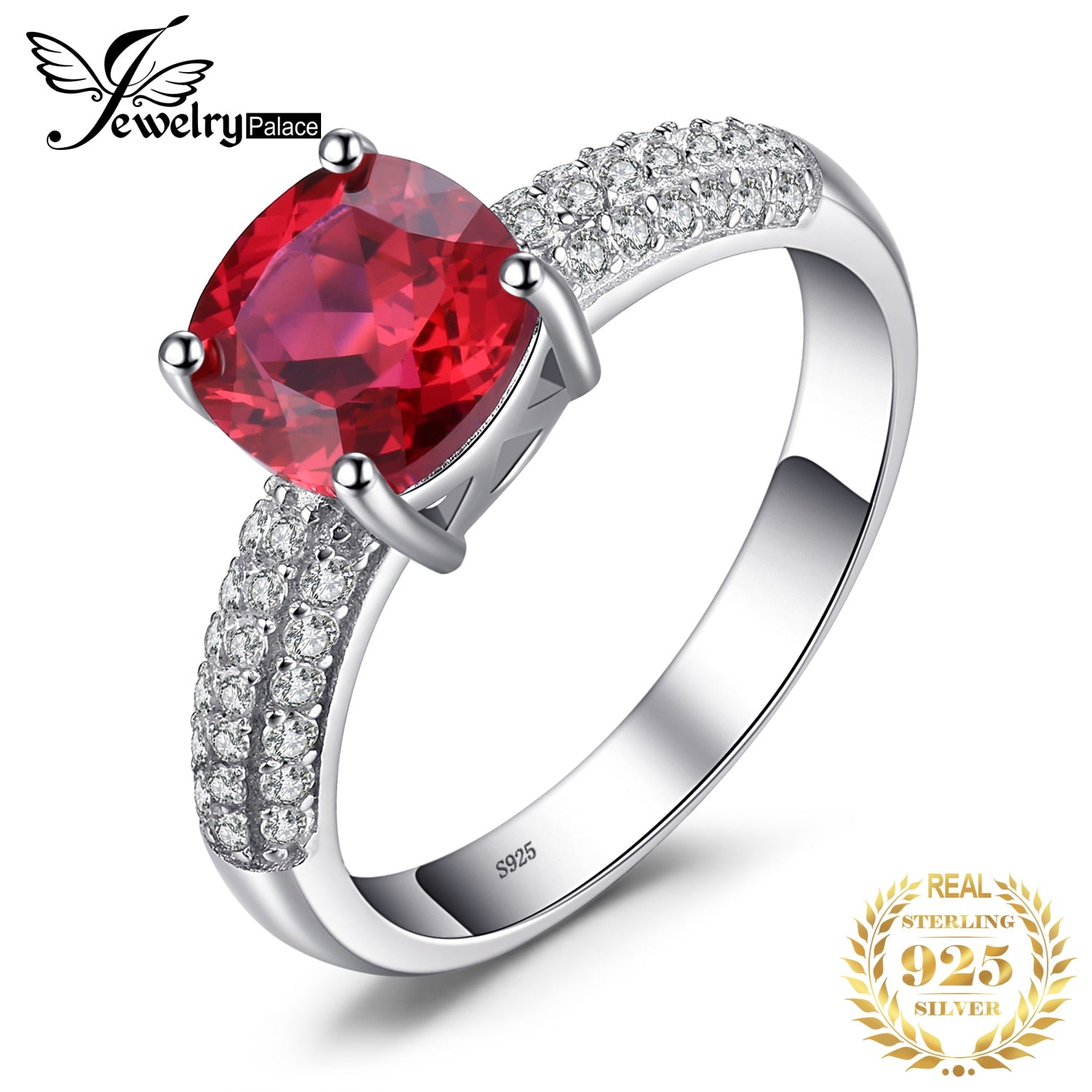 JewelryPalace 2.2ct Created Red Ruby 925 Sterling Silver Solitaire Engagement Ring for Women Cushion Cut Gemstone Wedding Gift 6