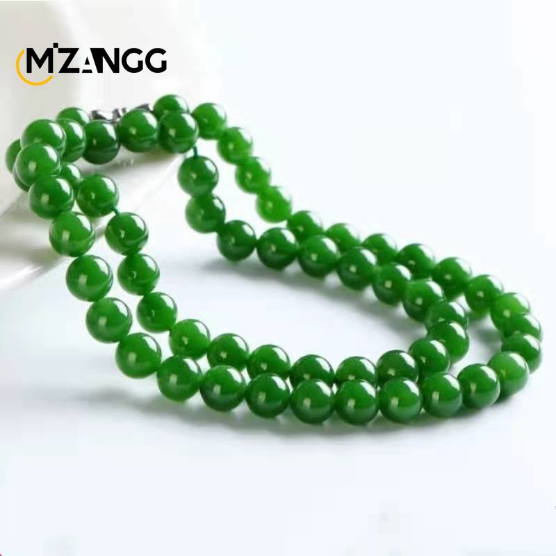 Natural Chinese Green Jade Necklace Hetian Jade Jasper Spinach Green Round Beads Sweater Chain Luxury Charm Jewelry Lady's Gift Green