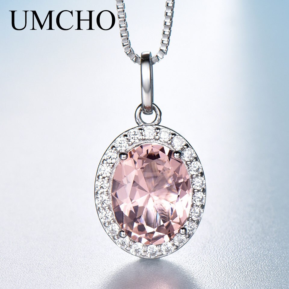 UMCHO Real 925 Sterling Silver Luxury Pink Sapphire Morganite Pendant For WomenNecklaces Link Chain Jewelry Engagement Gift New