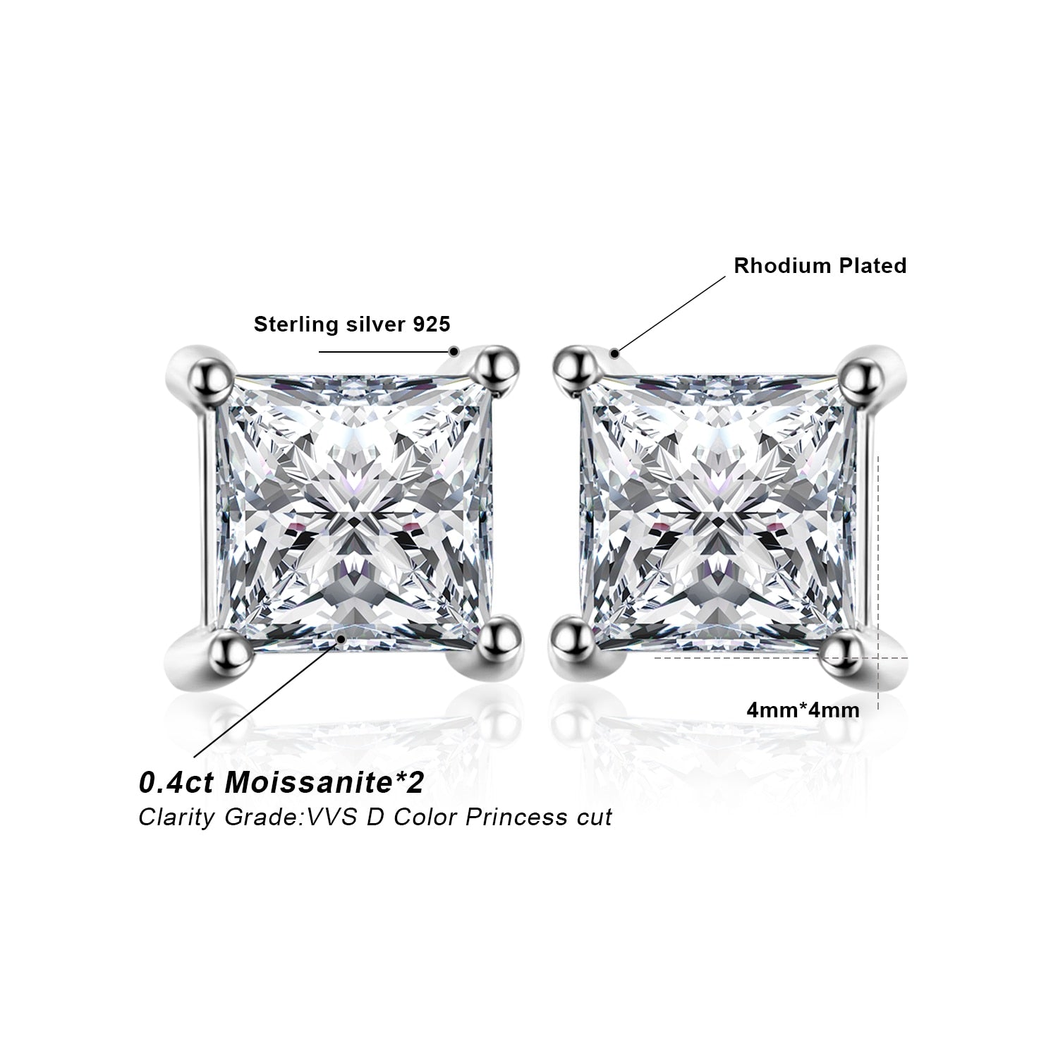 JewelryPalace Moissanite D Color Total 0.8ct Princess Cut S925 Sterling Silver Stud Earrings for Woman Yellow Rose Gold Plated