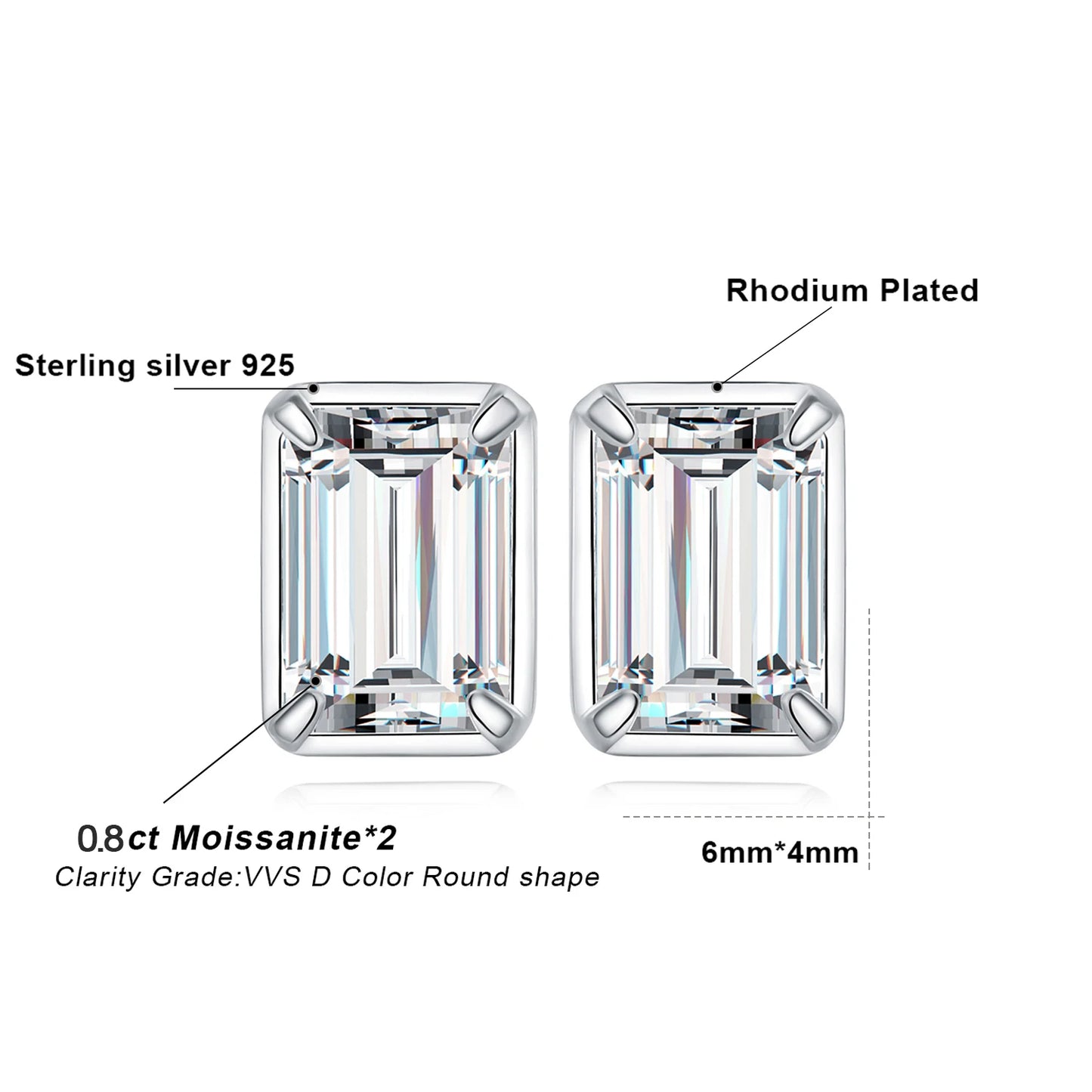 JewelryPalace Moissanite D Color 1.6ct/pair Emerald Cut 925 Sterling Silver Stud Earrings for Woman Yellow Rose Gold Plated