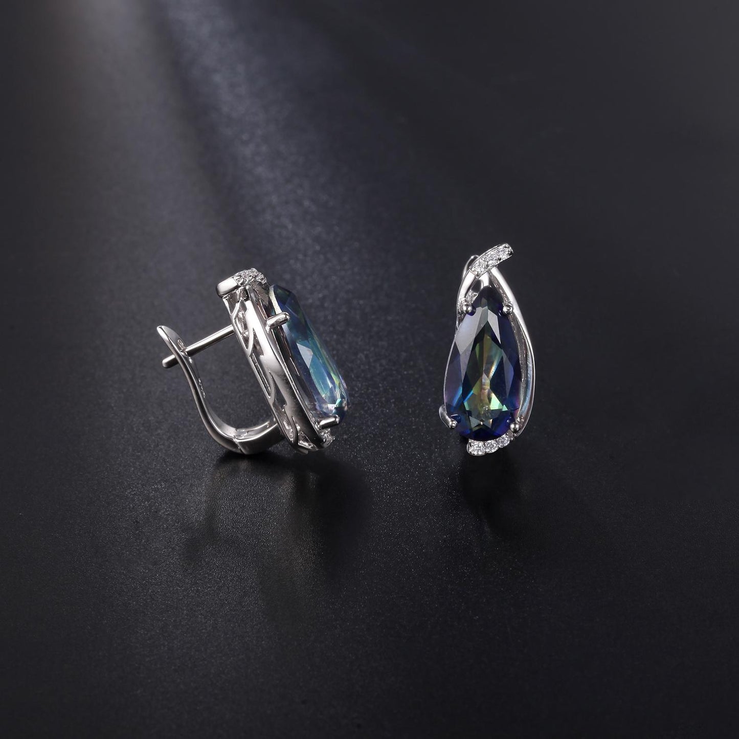 GEM&#39;S BALLET 8x16m Pear Shape Blueish Mystic Quartz Classic Birthstone Clip Halo Earrings in Sterling Silver Women&#39;s Earrings