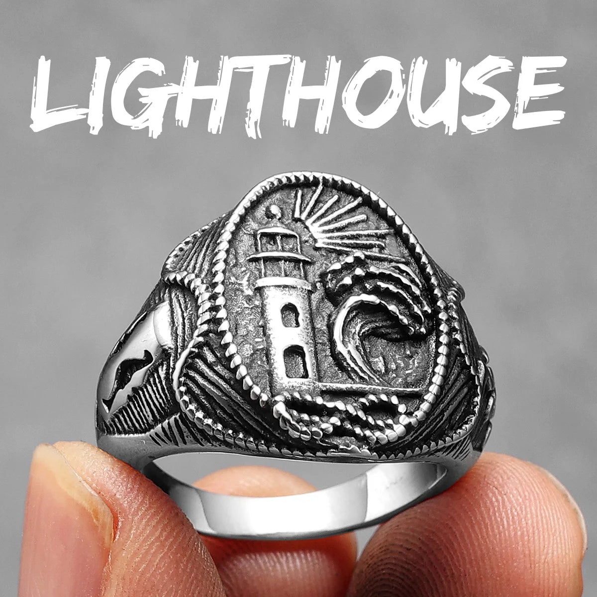Anchor Lighthouse Ocean Sailor Ship Men Rings Stainless Steel Women Jewelry Vintage Punk Rock Fashion Accessories Gift R1198-Lighthouse