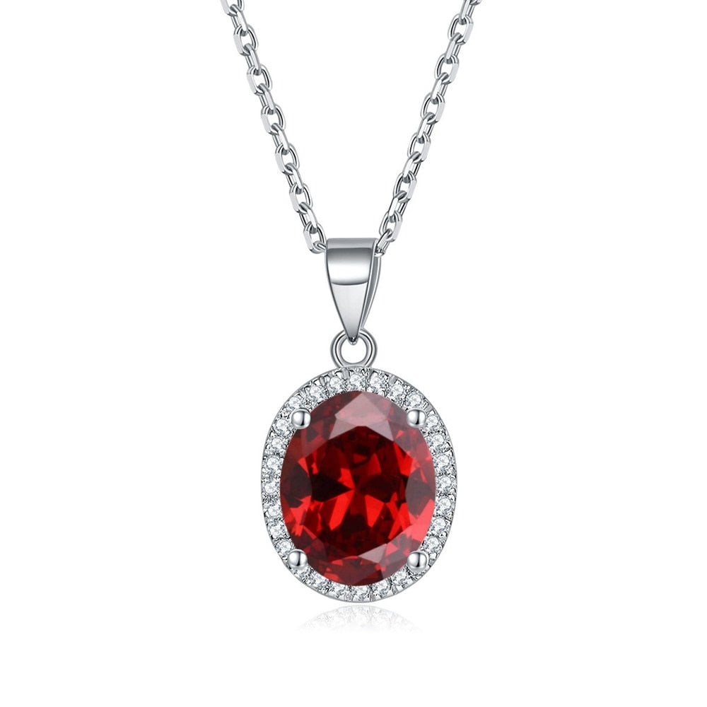 Vinregem Oval Cut 3CT Lab Created Sapphire Gemstones Fine Pendant Necklaces for Women 925 Sterling Silver Jewelry Pomegranate red 45cm