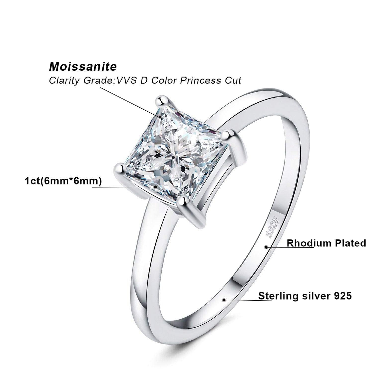 JewelryPalace Moissanite D Color 1ct Princess Cut 925 Sterling Silver Stacking Solitaire Ring for Woman Yellow Rose Gold Plated