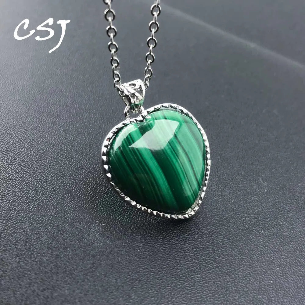 CSJ Natural Malachite Pendants Gemstone Heart Cut 15mm Necklace for Women Party Birthday Handmade Trendy Jewelry Gift