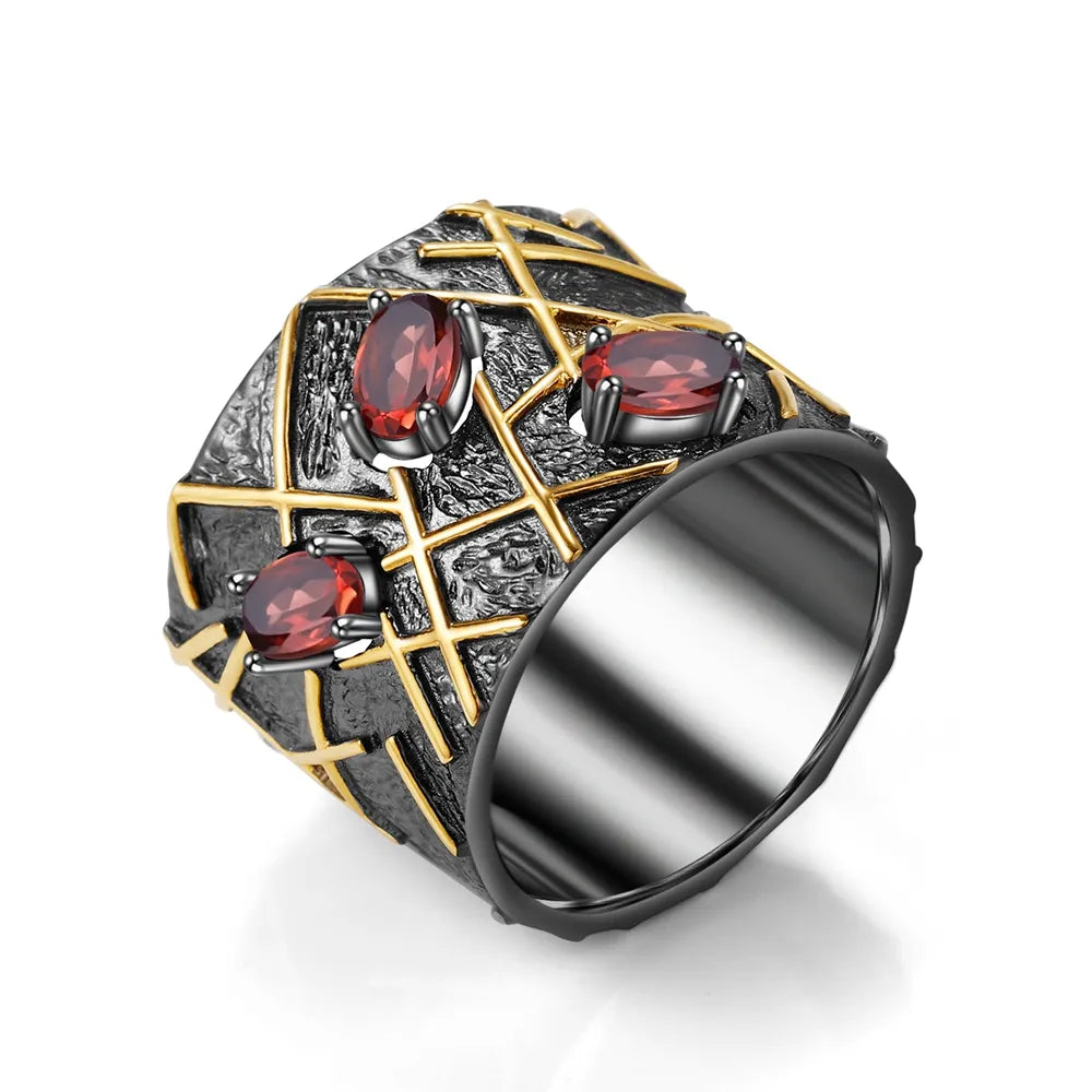 GEM'S BEAUTY Branches Black Plated Ring For Women Handmade Original Creative Fine Jewelry 925 Sterling Silver Garnet