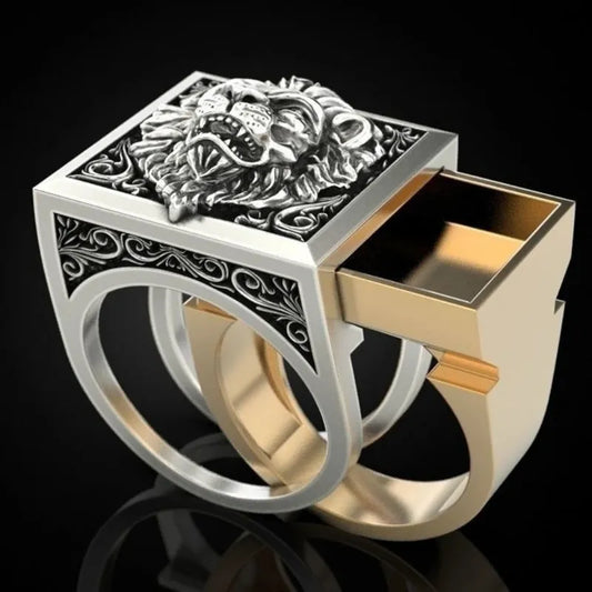 Fashion Punk Domineering Lion Head Men's Ring Creative Storage Finger Link Day Friendship Jewelry Ring