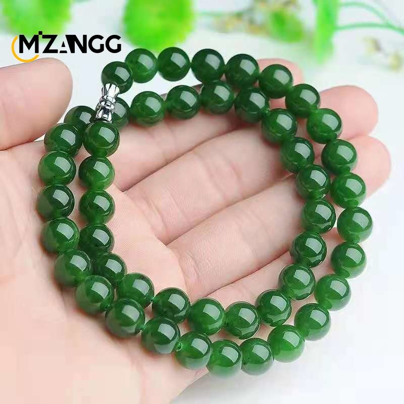 Natural Chinese Green Jade Necklace Hetian Jade Jasper Spinach Green Round Beads Sweater Chain Luxury Charm Jewelry Lady's Gift