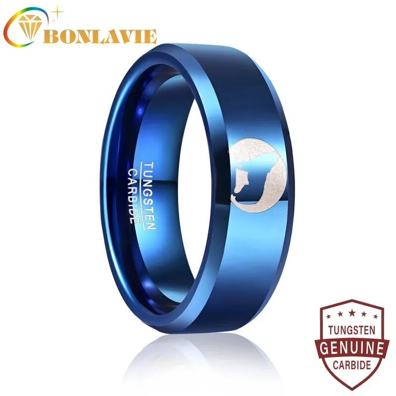 BONLAVIE 8mm Polished Blue Laser Wolf Pattern Tungsten Carbide Ring For Men Beveled Edge Comfort Fit Engagement Rings