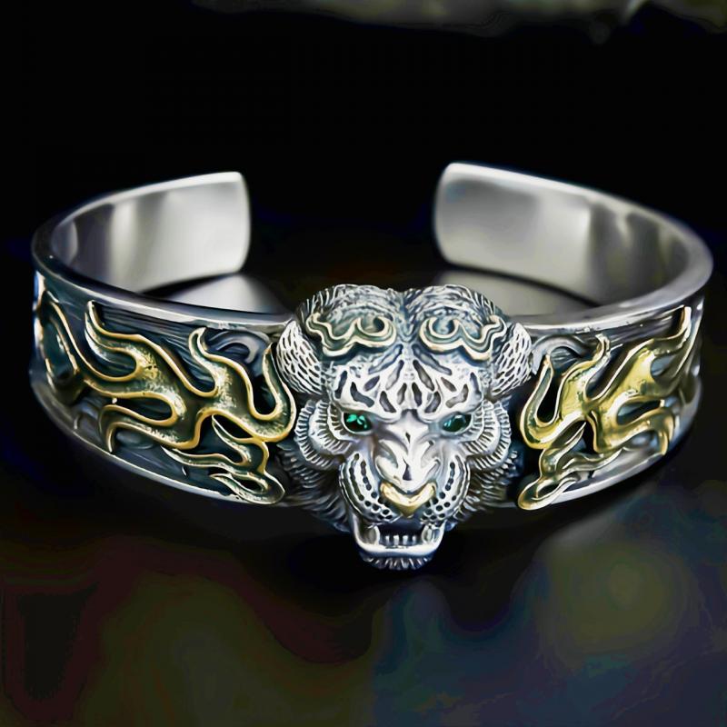 Punk Heavy Metal Carved Dragon Bracelet Charm Men's Wide Bracelet Gothic Motorcycle Rider Rock Party Jewelry Gift AL4597-Silver