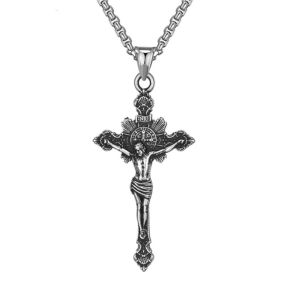 Vintage Stainless Steel Cross Necklace For Men Women Fashion Biker Catholic Cross Jesus Pendant Necklace Amulet Jewelry Gifts 60cm Chain