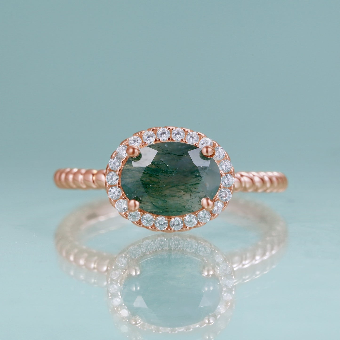 GEM&#39;S BALLET 1.3CT Oval Cut Moss Agate Gemstone Engagement Rings in 925 Sterling Silver Handmade Stripes Ring Gift For Her Moss Agate-R|925 Sterling Silver