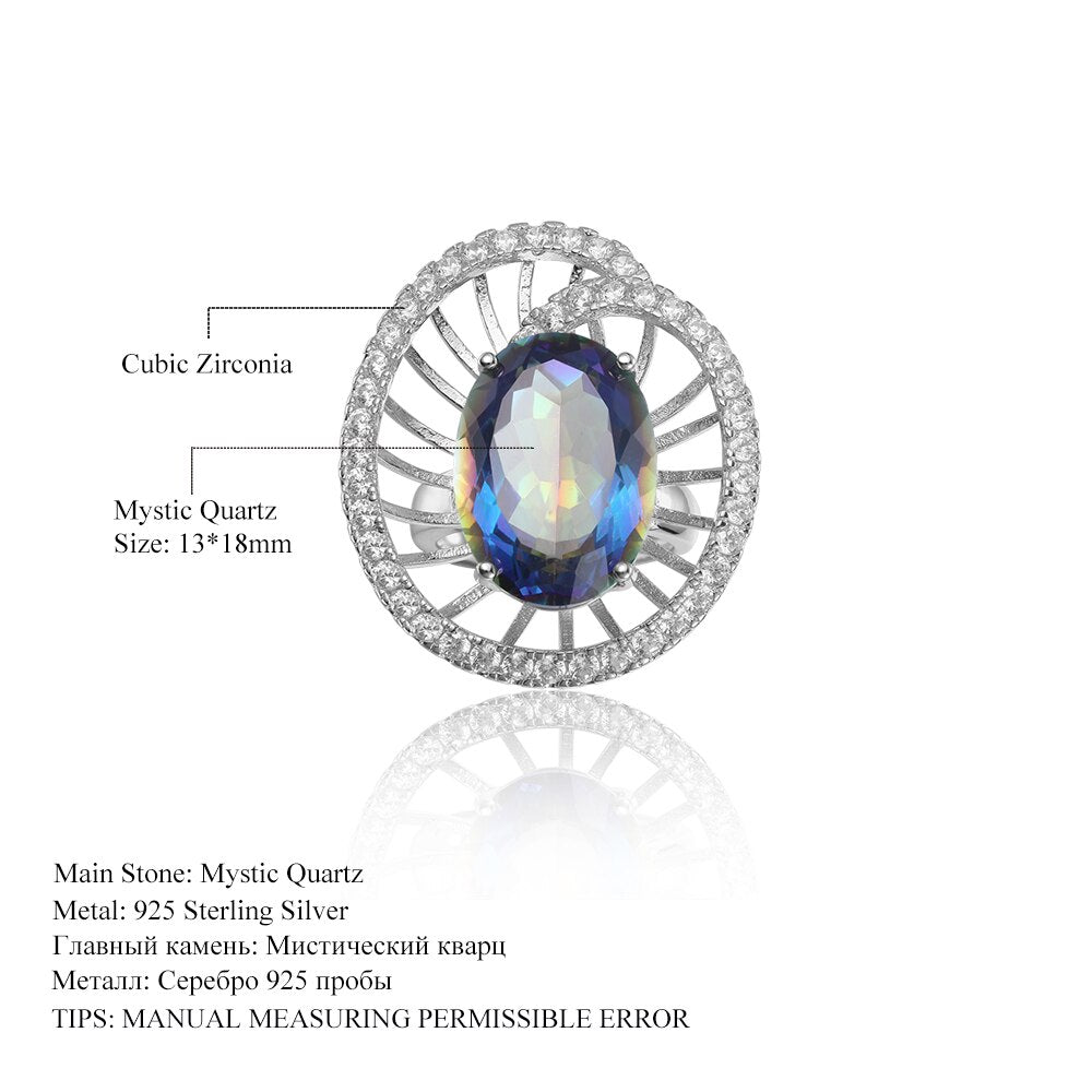 GEM&#39;S BALLET 11.21Ct 13x18mm Oval Rainbow Mystic Topaz Gemstone Zoe Fan Rings in 925 Sterling Silver Mom&#39;s Vintage Ring