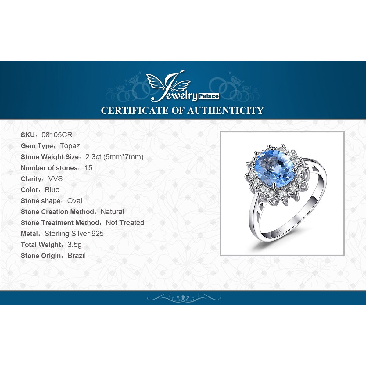 JewelryPalace Princess Diana 2.3ct Natural Blue Topaz 925 Sterling Silver Halo Engagement Ring Women Fashion Gemstone Jewelry