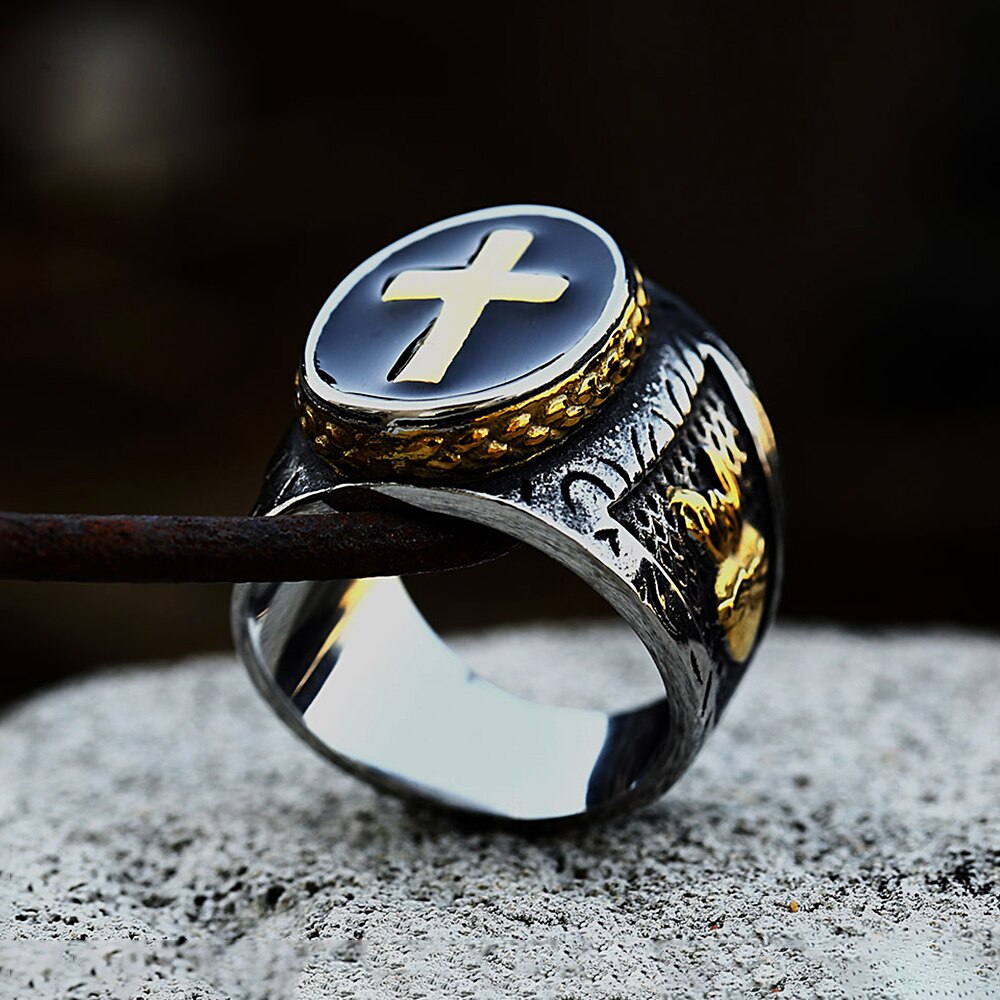 Unique Vintage Sliver/Gold Color Cross Ring For Men Boys Punk Biker Christian Signet Rings Fashion Jewelry Amulet Gift