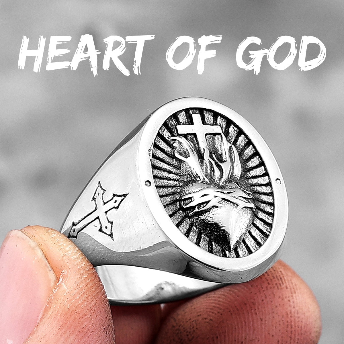 Heart of God Ring Religion Cross 316L Stainless Steel Mens Rings Amulet Rock for Male Boyfriend Biker Jewelry Gift Dropshipping R770-Heart Of God