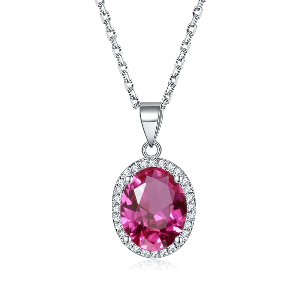 Vinregem Oval Cut 3CT Lab Created Sapphire Gemstones Fine Pendant Necklaces for Women 925 Sterling Silver Jewelry Pink 45cm