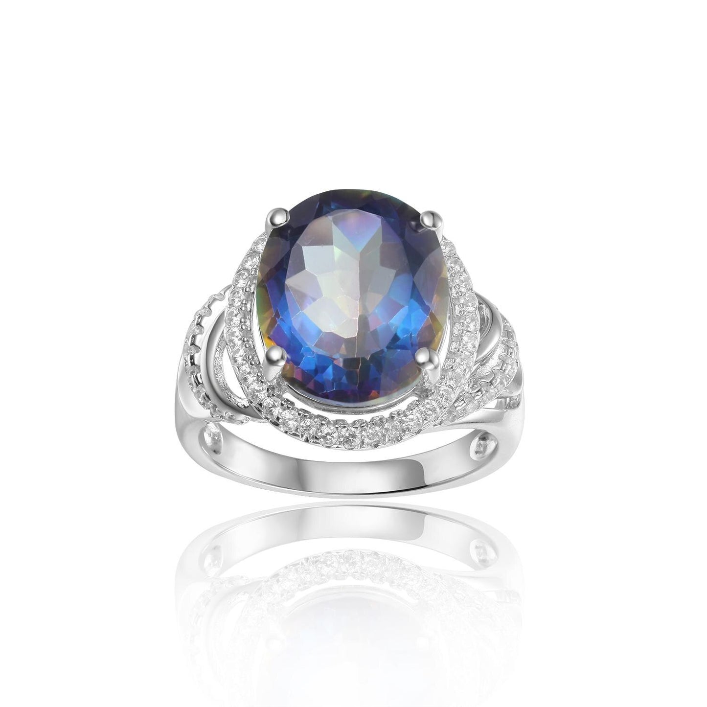 GEM&#39;S BALLET 4.36Ct 10x12mm Stunning Rainbow Mystic Topaz Birthstone Cocktail Rings in 925 Sterling Silver Gift For Her Blueish|925 Sterling Silver