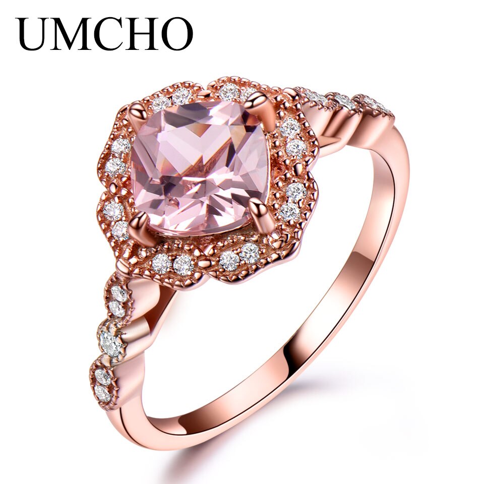UMCHO Rings for Women Solid Sterling Silver Cushion Morganite Engagement Anniversary Band Pink Gemstone Valentine&#39;s Gift Pink
