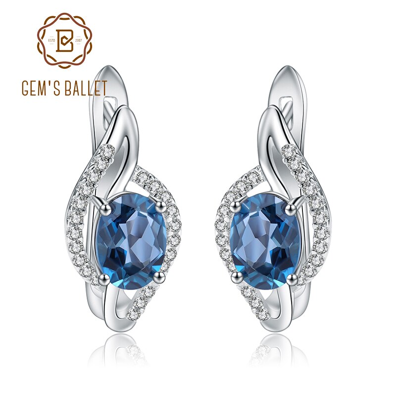 GEM&#39;S BALLET 3.32Ct Natural Blue Sapphire Earrings Real 925 Sterling Silver Gemstone Stud Earrings for Women Fine Jewelry London Blue Topaz 925 Sterling Silver