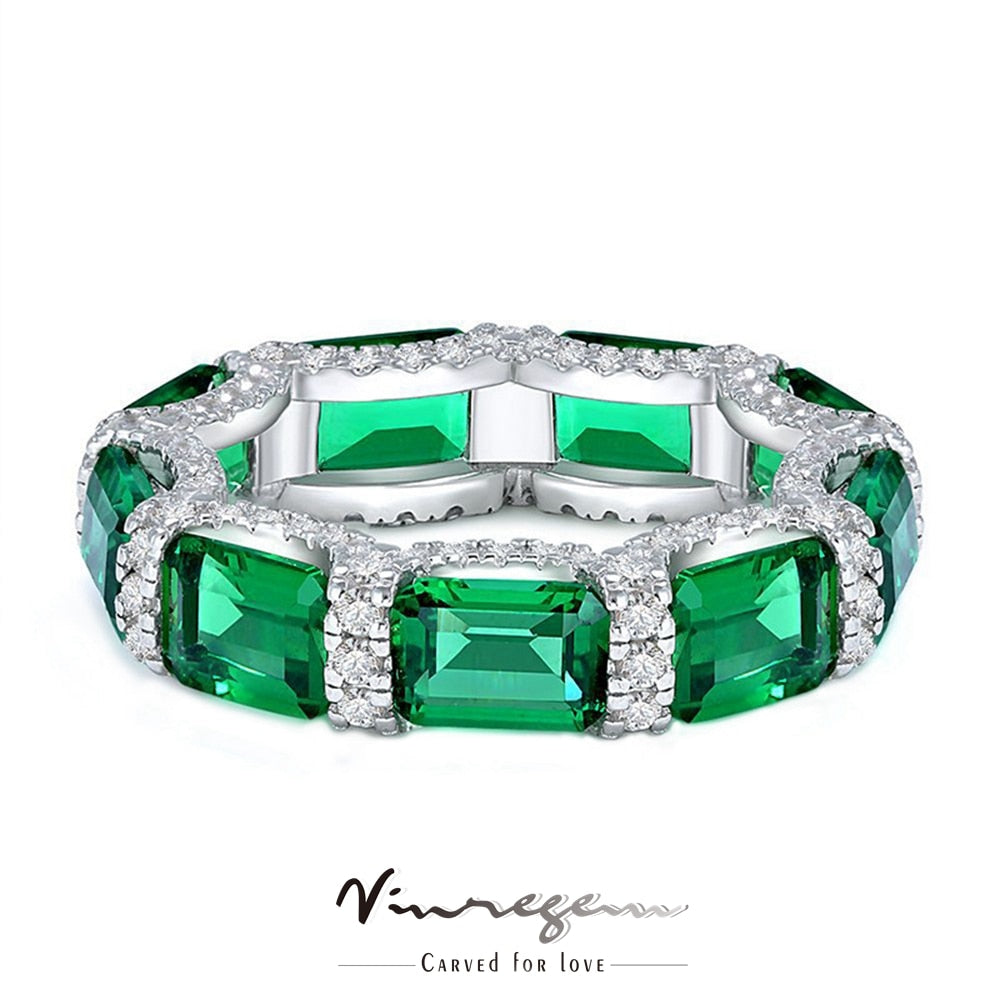 Vinregem 925 Sterling Silver 5*7MM Amethyst Synthetic Moissanite Row Gemstone Wedding Cocktail Ring for Women Emerald Platinum plated