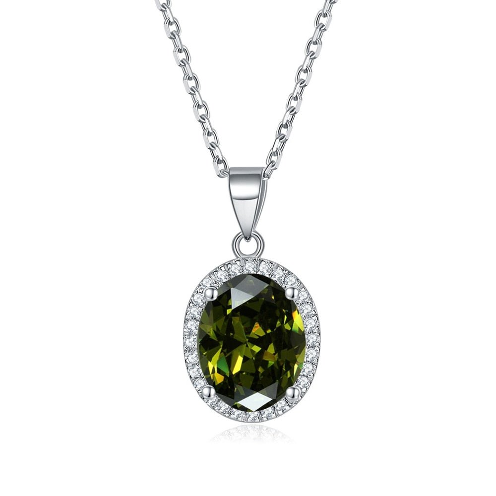 Vinregem Oval Cut 3CT Lab Created Sapphire Gemstones Fine Pendant Necklaces for Women 925 Sterling Silver Jewelry Olive 45cm