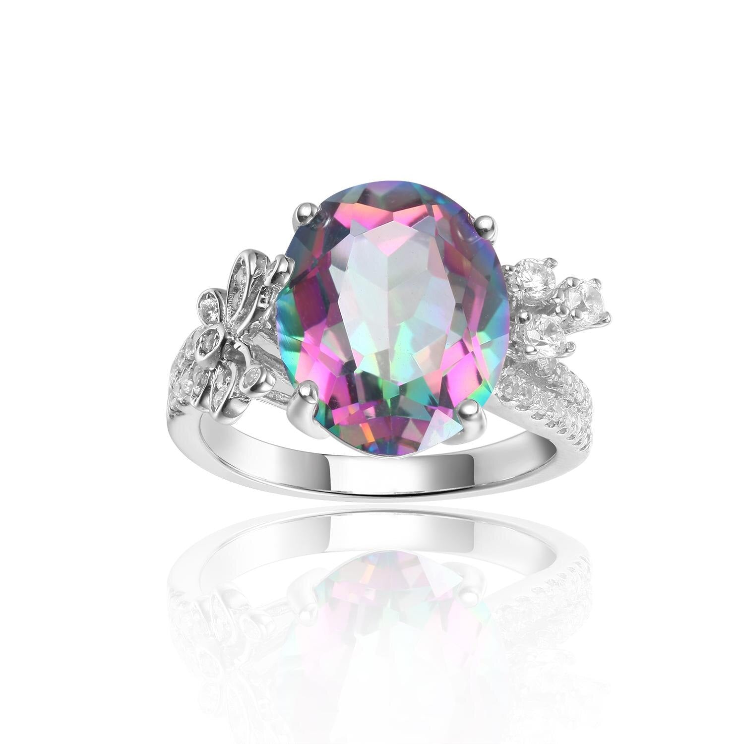 GEM&#39;S BALLET 4.36Ct 10x12mm Oval Rainbow Mystic Topaz Gemstone Promise Engagement Rings in Sterling Silver Gift For Her Rainbow|925 Sterling Silver