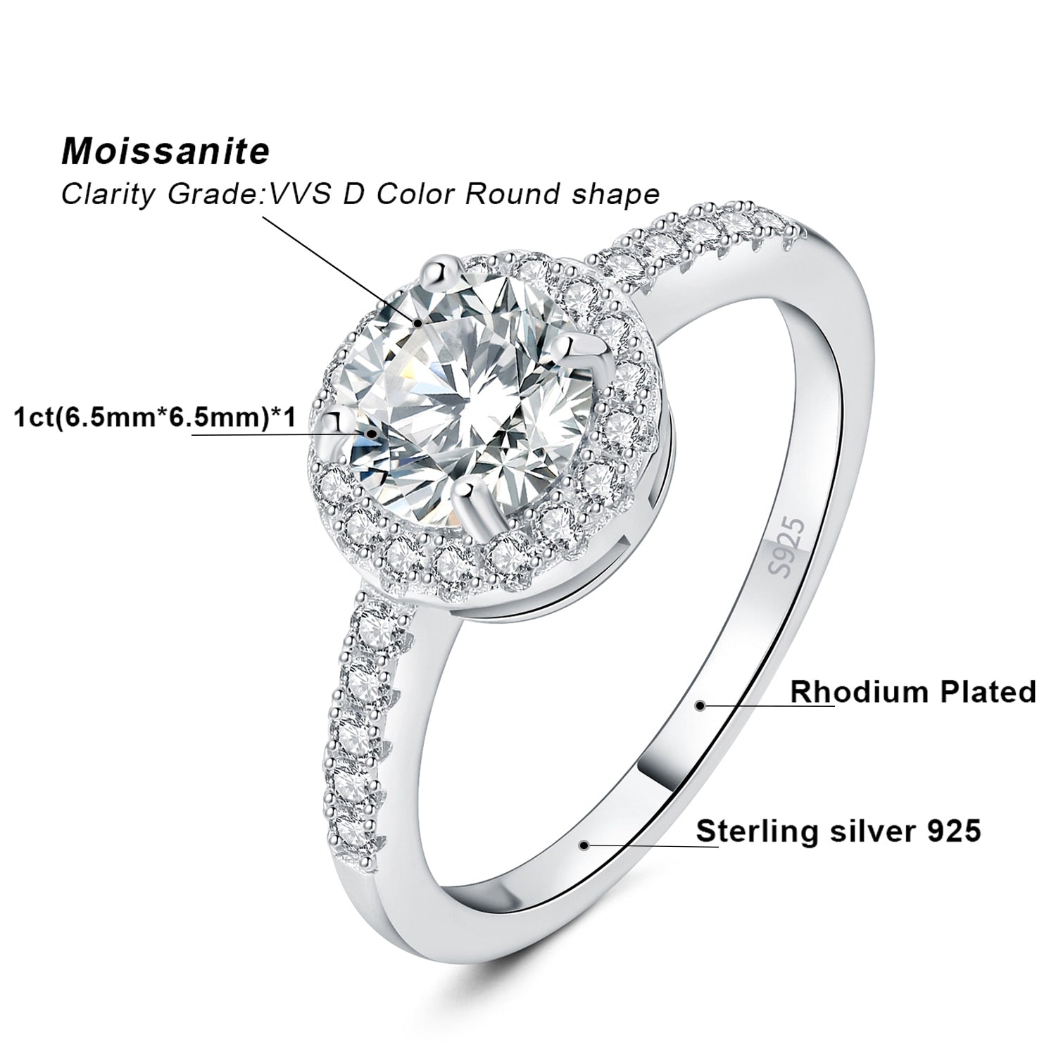 JewelryPalace Moissanite D Color 1ct Round 925 Sterling Silver Wedding Engagement Halo Ring for Woman Yellow Rose Gold Plated