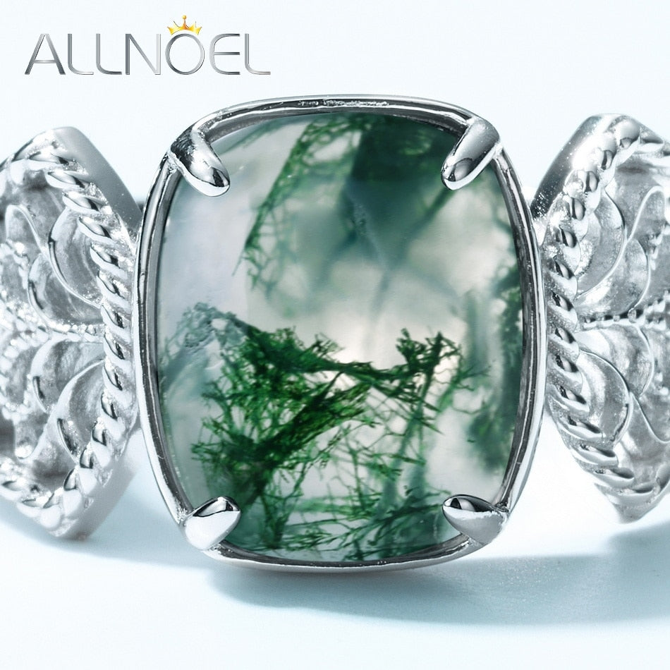 ALLNOEL 925 Sterling Silver Rings For Women Natural 8*10mm Green Moss Agate Original Classic Vintage Wedding Band Fine Jewelry